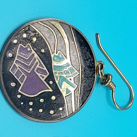 Vintage Laurel Burch Tropical Fish Drop Earrings, Cloisonné Enamel Gold Plated - Picture 9 of 10